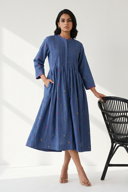 Cobalt Mosaic Cotton Infinity Pintuck Dress Mc
