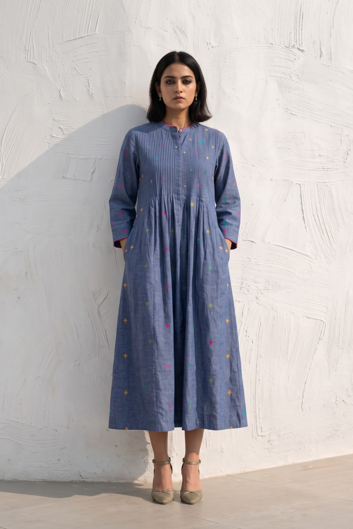 Cobalt Mosaic Cotton Infinity Pintuck Dress Mc