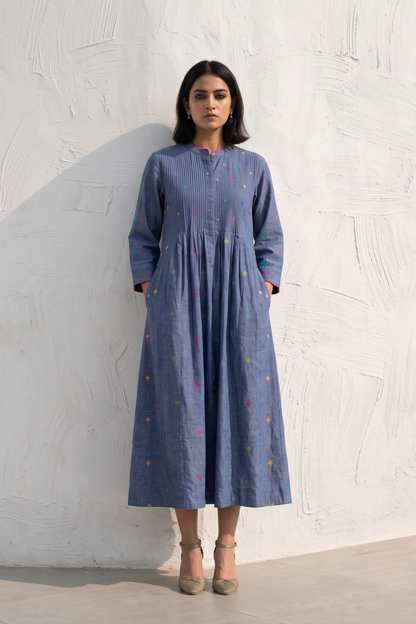 Cobalt Mosaic Cotton Infinity Pintuck Dress Mc