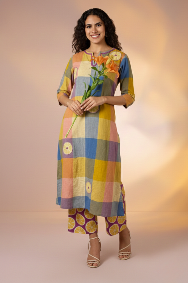 Colorburst Checks Cotton Long Kurta With Side Twist