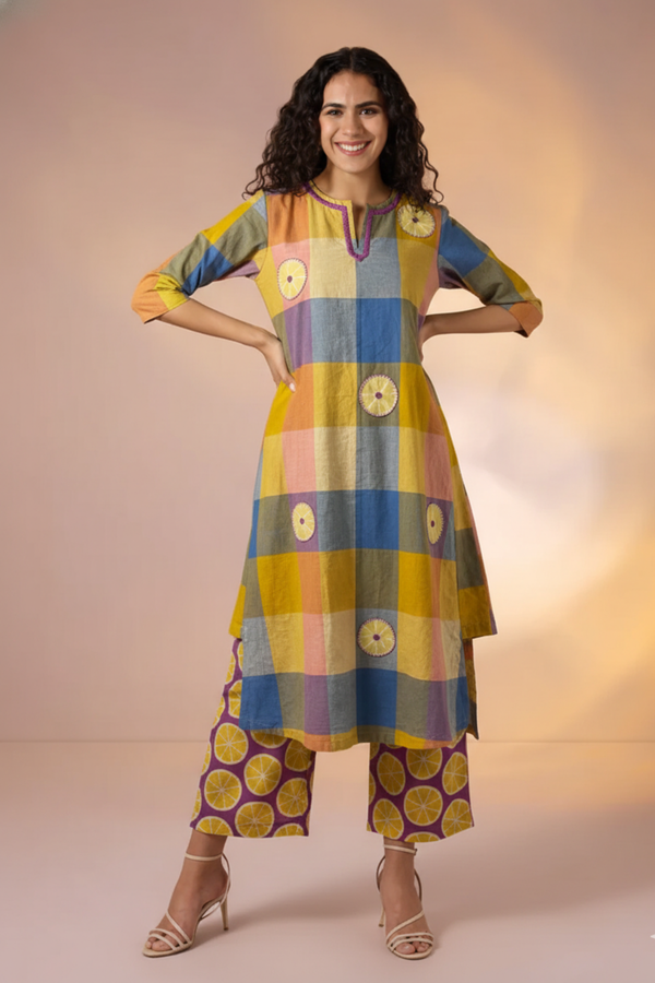 Colorburst Checks Cotton Long Kurta Top With Side Twist Mc