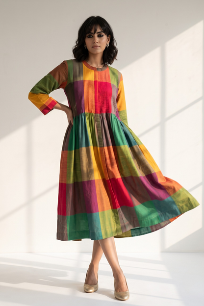 Colorburst Madras Checks Cotton Infinity Pintuck Dress Mc
