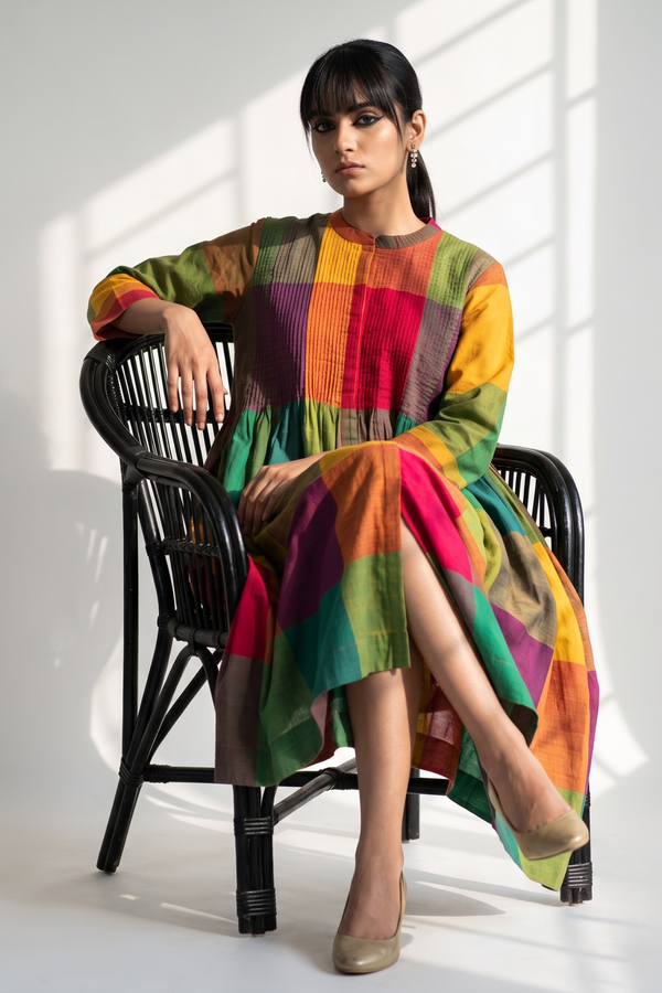 Colorburst Madras Checks Cotton Infinity Pintuck Dress Mc
