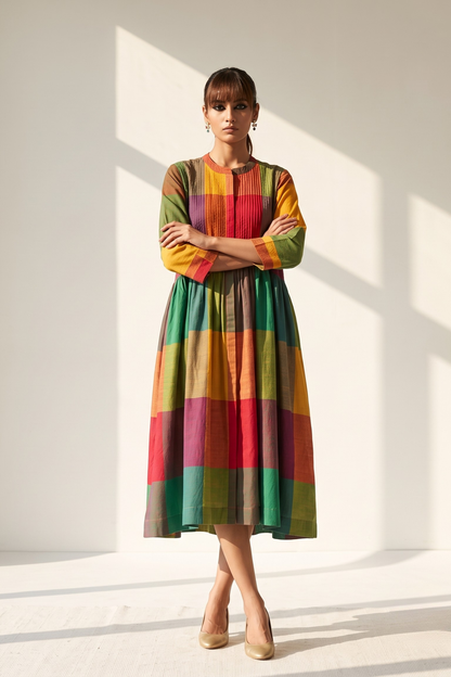 Colorburst Madras Checks Cotton Infinity Pintuck Dress Mc