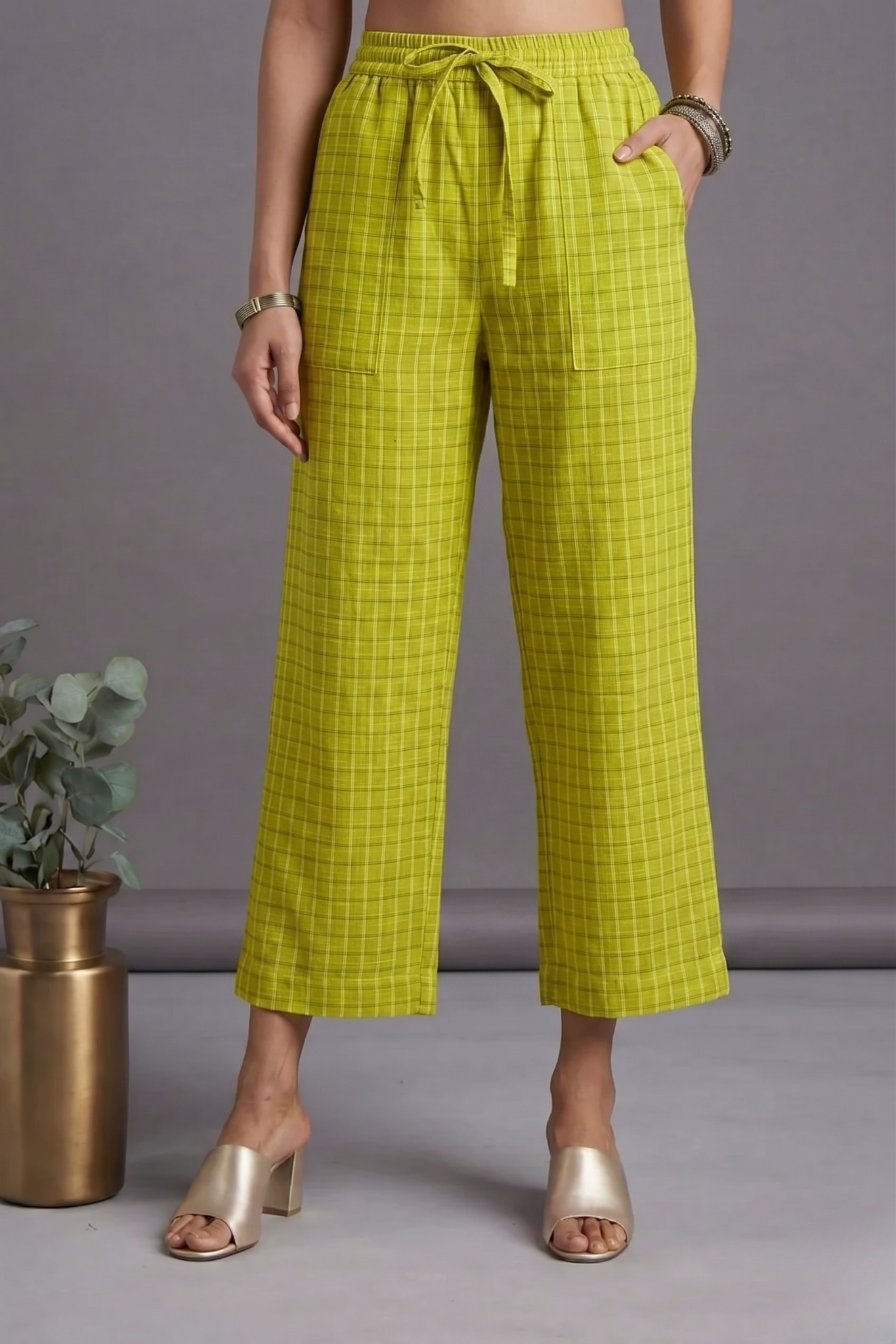 Comfort Fit Pants - Lime Green Checks Cotton Mc