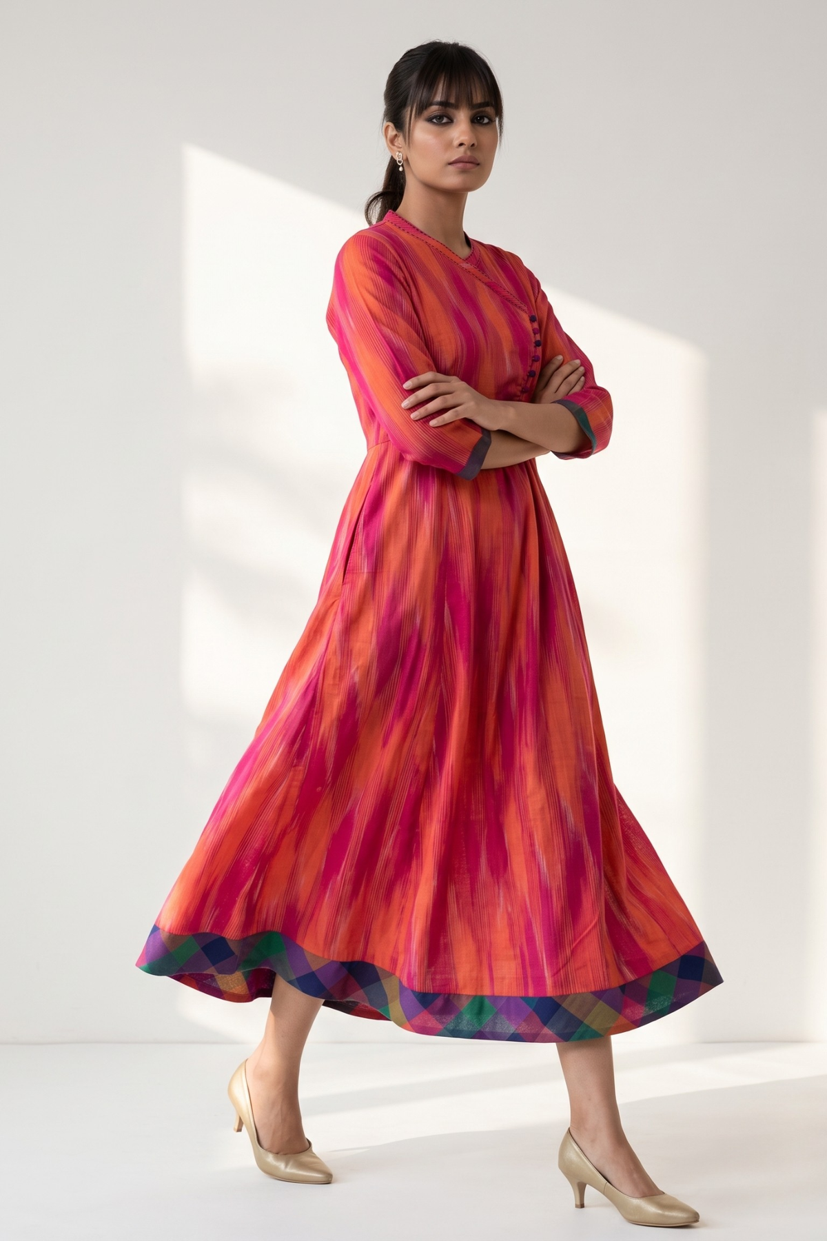 Coral Blush Ikat Flow Cross Potli Angrakha Kurta Mc