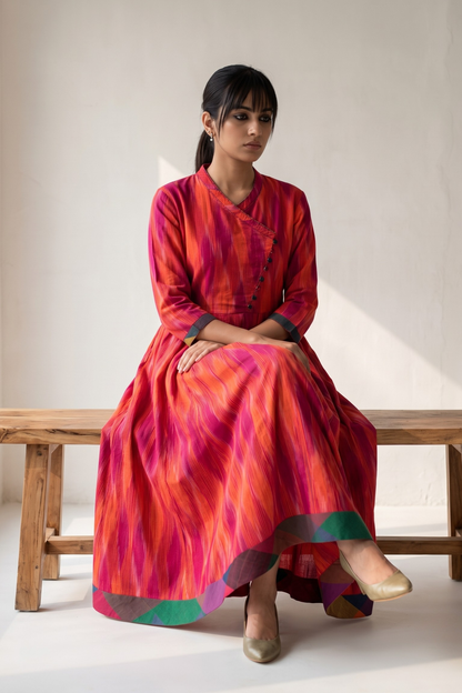 Coral Blush Ikat Flow Cross Potli Angrakha Kurta Mc