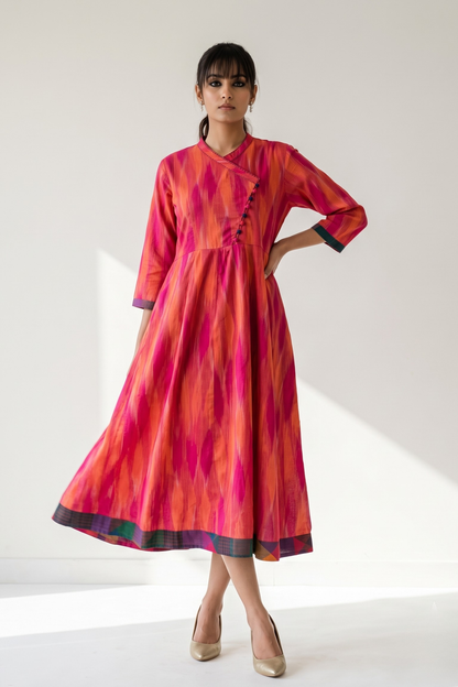 Coral Blush Ikat Flow Cross Potli Angrakha Kurta Mc
