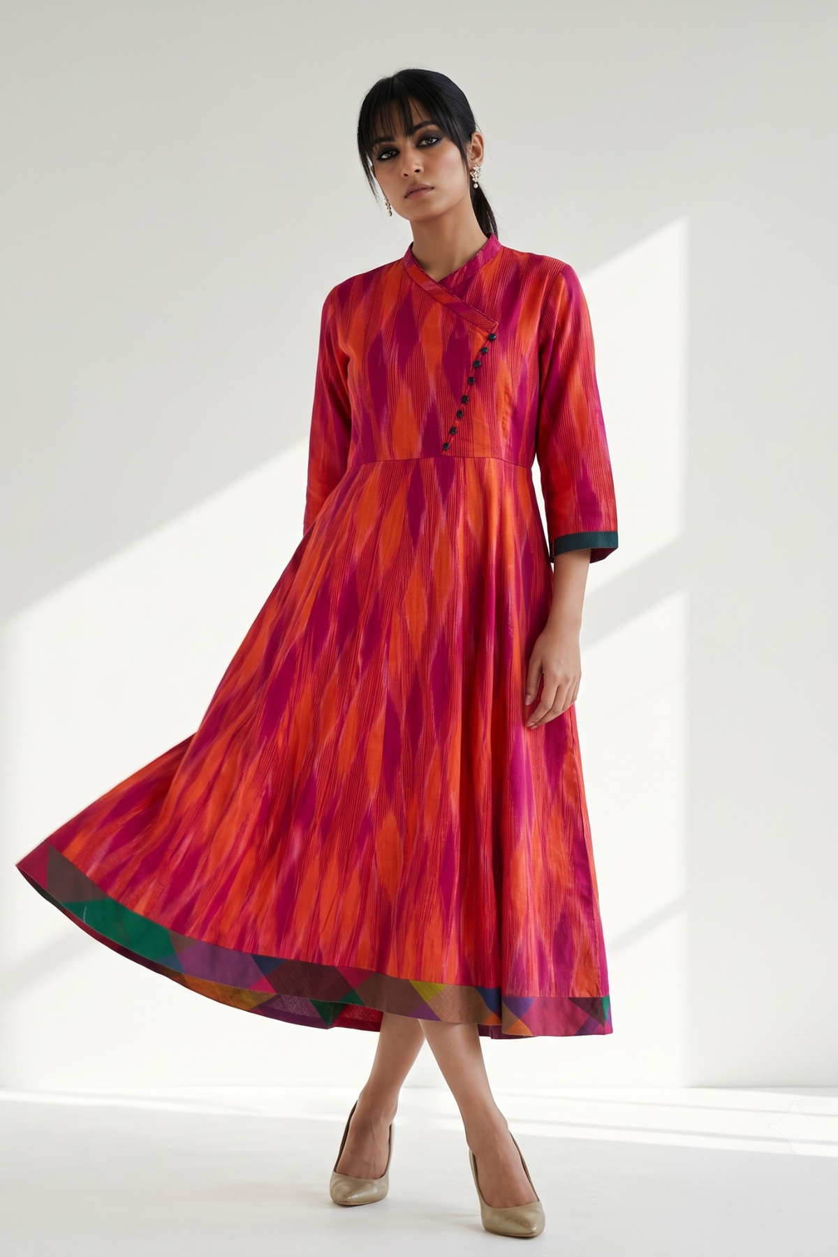 Coral Blush Ikat Flow Cross Potli Angrakha Kurta Mc