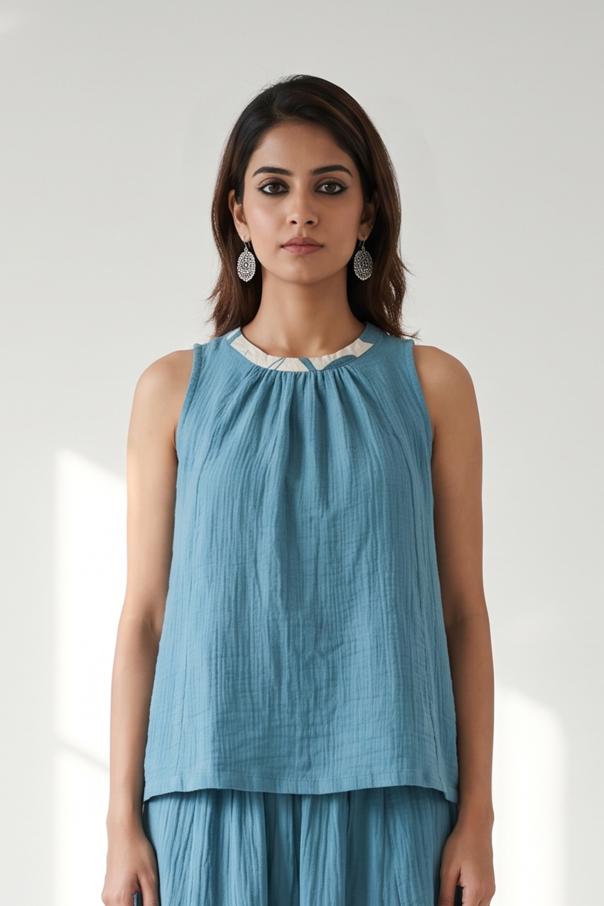 Crew Neck Short Sleeveless  Top - Crinkled Teal Cotton ( only Top) Mc