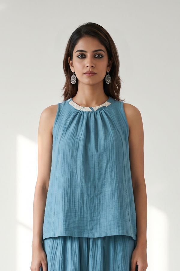 Crew Neck Short Sleeveless  Top - Crinkled Teal Cotton ( only Top) Mc