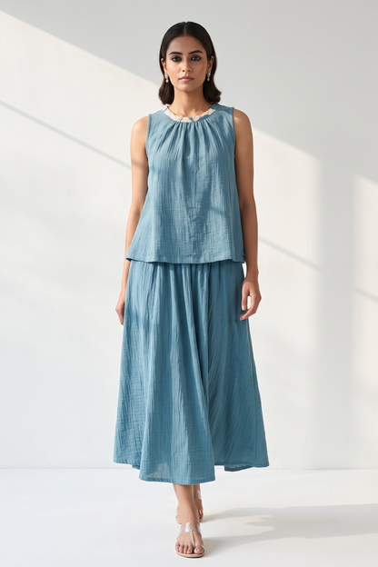Crew Neck Short Sleeveless  Top - Crinkled Teal Cotton ( only Top) Mc