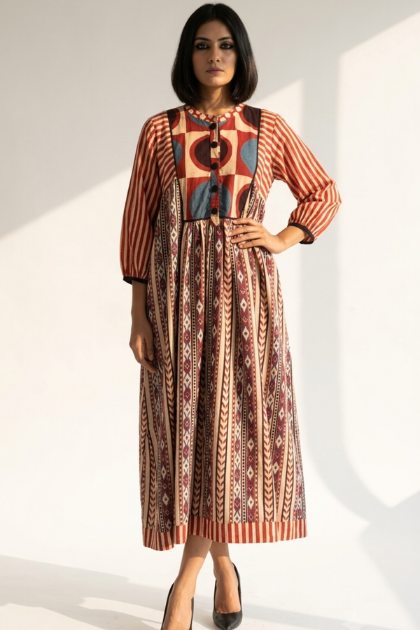 Crimson Kalamkari Cotton Gather Dress With Yoke