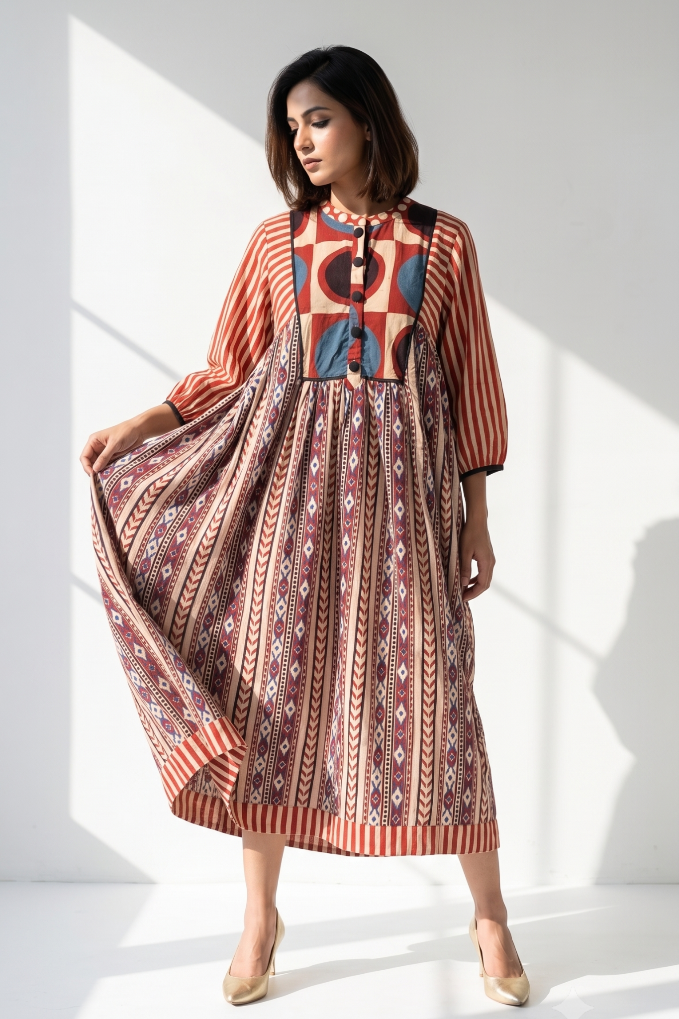 Crimson Kalamkari Cotton Gather Dress With Yoke