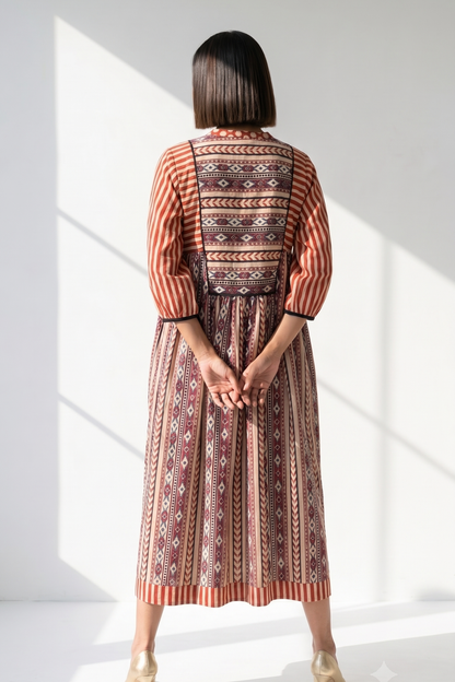 Crimson Kalamkari Cotton Gather Dress With Yoke