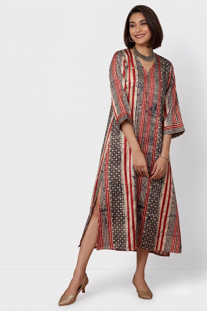 Crimson Noir Batik Geometric Pattern Front Zipper A-Line Kurta Mc