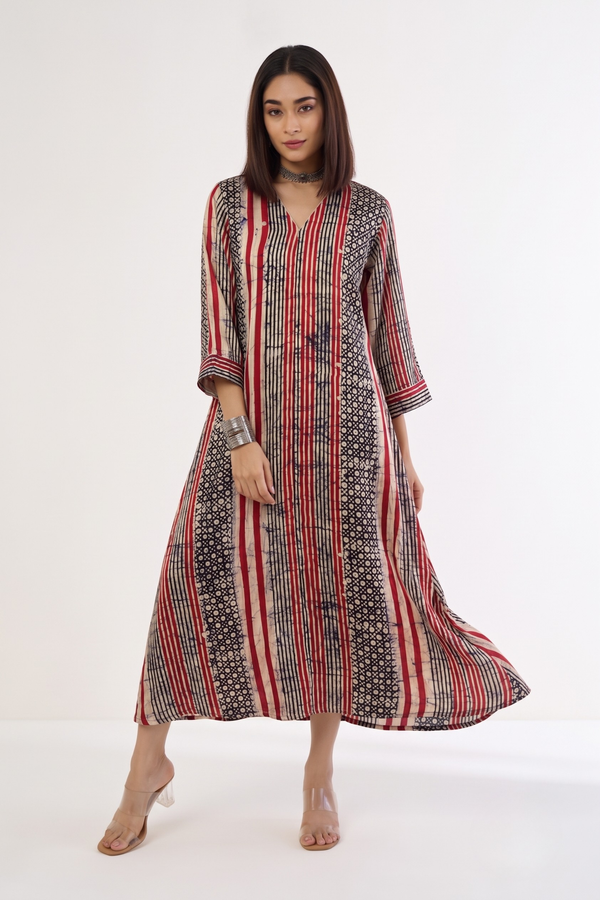 Crimson Noir Batik Geometric Pattern Front Zipper A-Line Kurta Mc