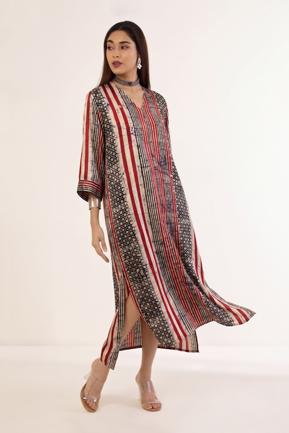 Crimson Noir Batik Geometric Pattern Front Zipper A-Line Kurta Mc