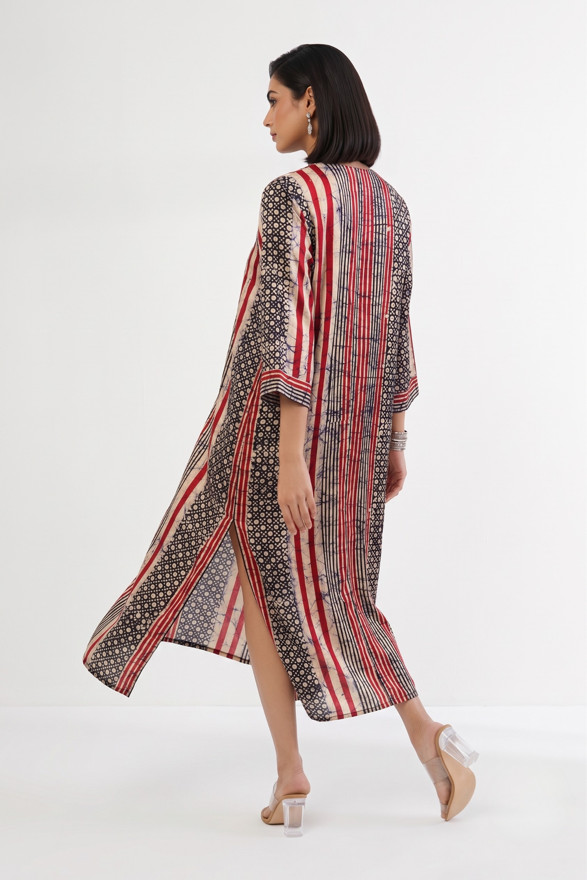 Crimson Noir Batik Geometric Pattern Front Zipper A-Line Kurta Mc
