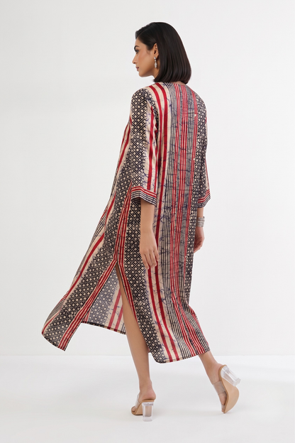 Crimson Noir Batik Geometric Pattern Front Zipper A-Line Kurta Mc