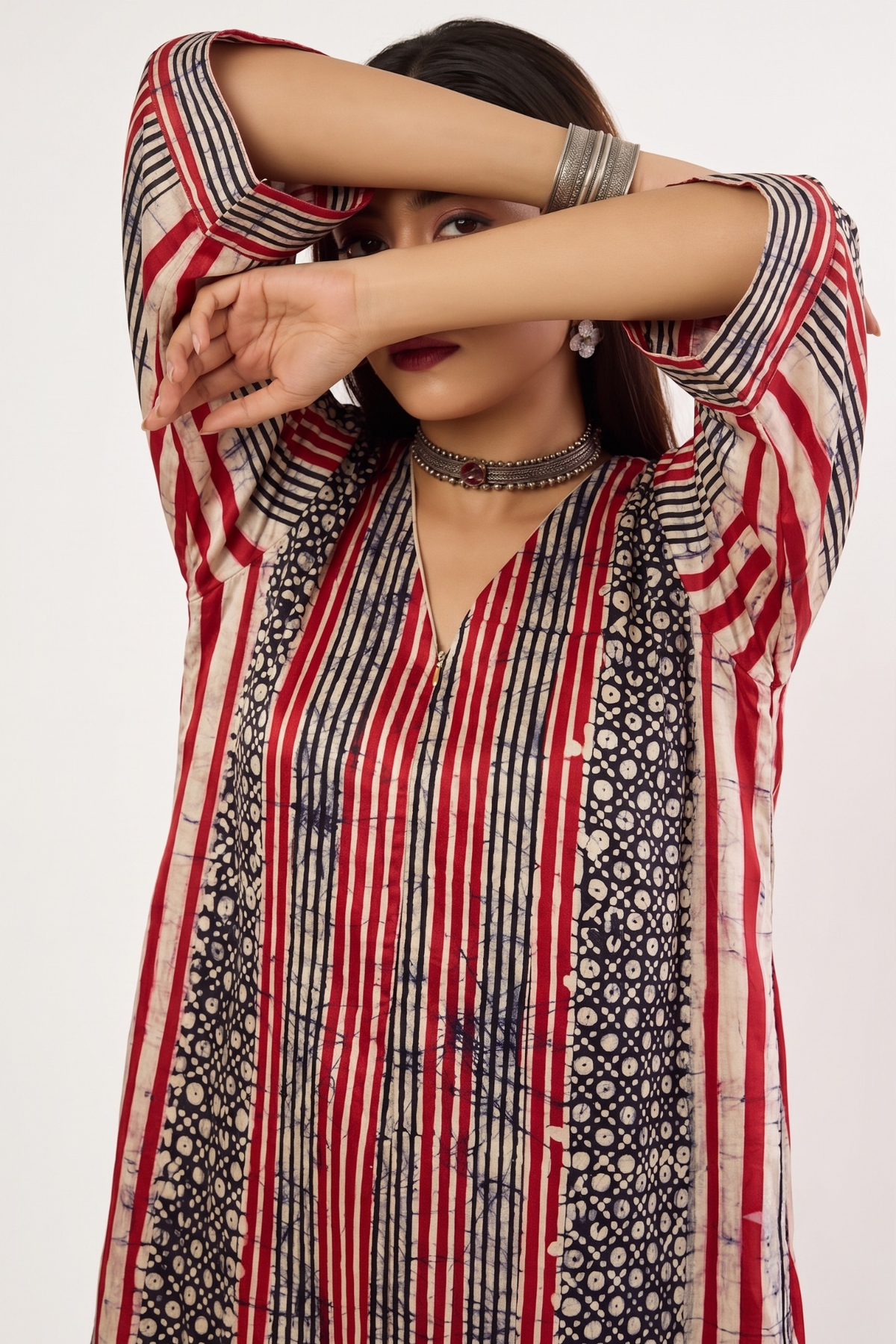 Crimson Noir Batik Geometric Pattern Front Zipper A-Line Kurta Mc