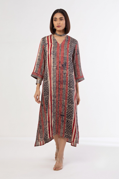 Crimson Noir Batik Geometric Pattern Front Zipper A-Line Kurta Mc