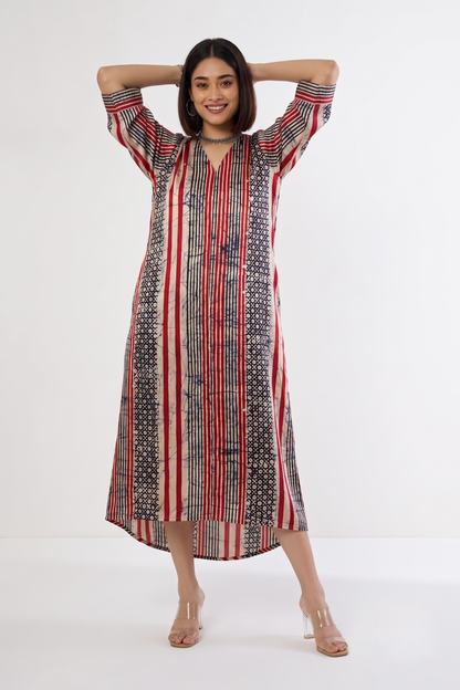 Crimson Noir Batik Geometric Pattern Front Zipper A-Line Kurta Mc