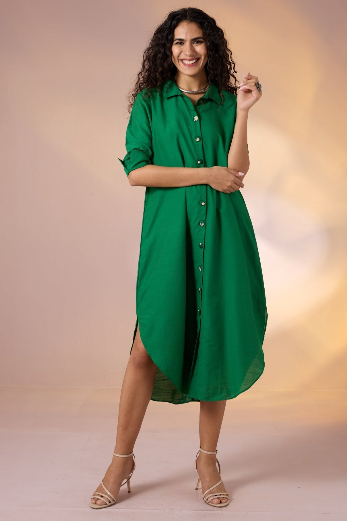 Maati Craft Parakeet Tint Silk Slub Long Shirt Dress