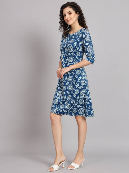 A line Cotton Printed Dress - Blue