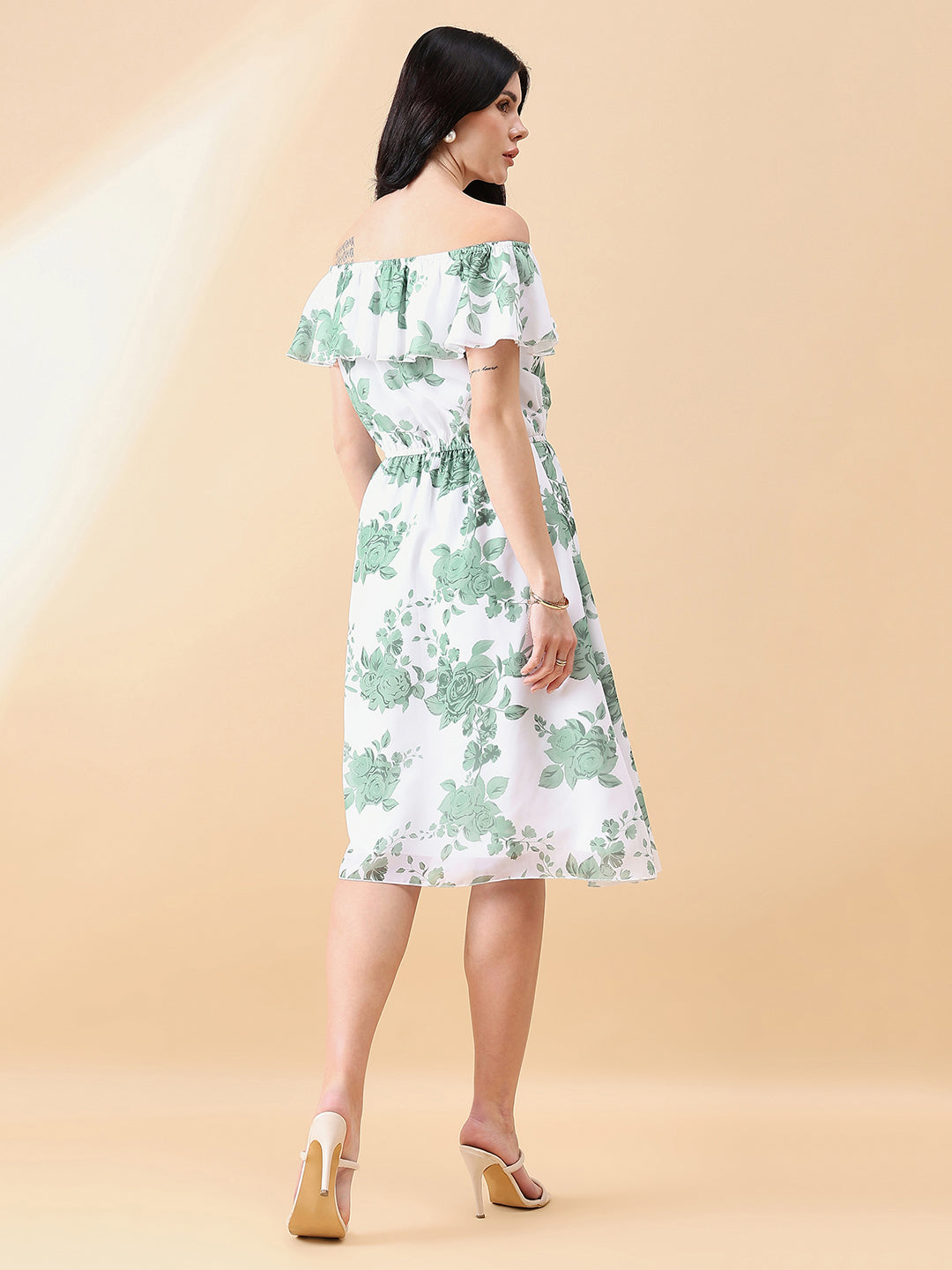 Frill Floral Dress - Green & White