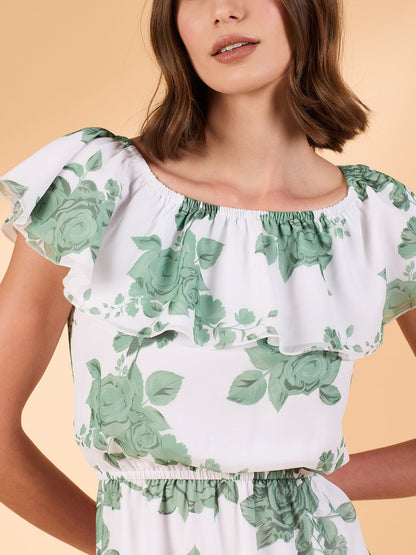 Frill Floral Dress - Green & White