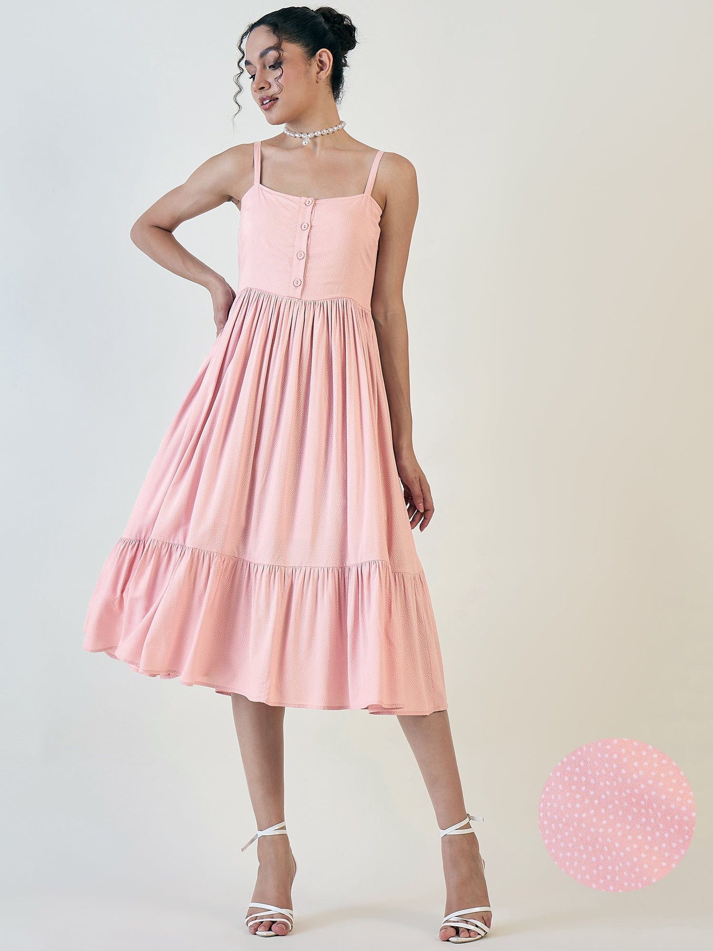 Pink Dotted Strappy Fit And Flare Dress