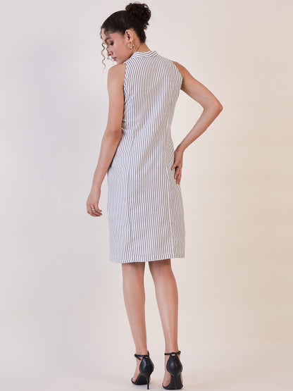 White Stripe Notch Collar Sheath Dress