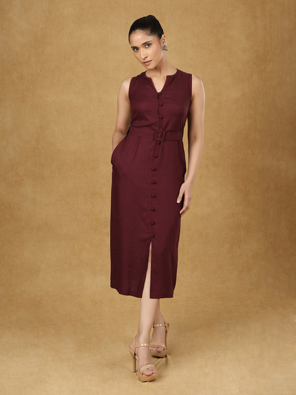 Burgundy Sleeveless Belted Dress