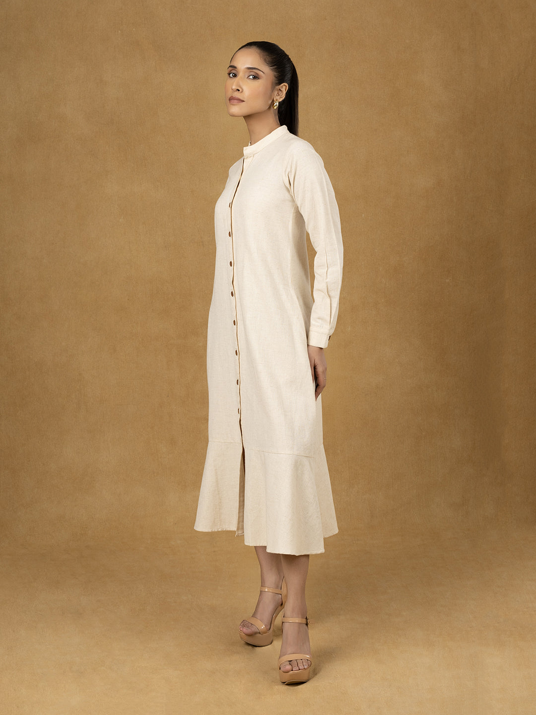 Off White Solid Full Sleeve Shirt Dress