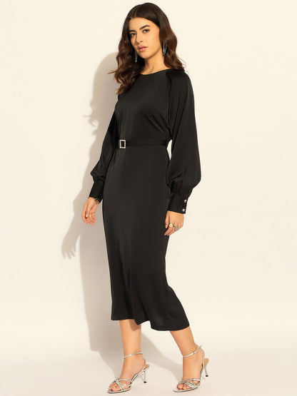 Chic Semi-Fitted Midi Dress With Gentle Puff Sleeves In Soft Satin Fabric