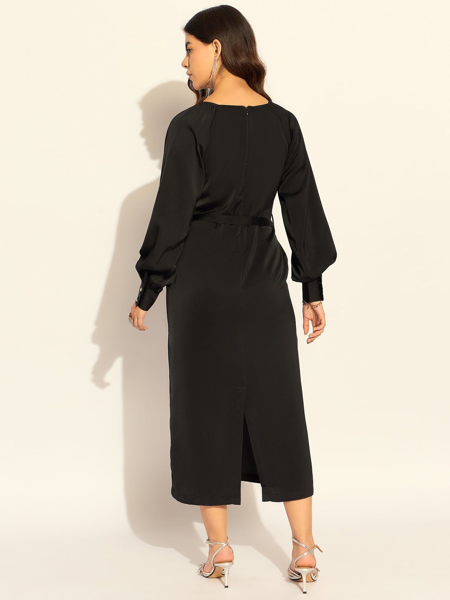 Chic Semi-Fitted Midi Dress With Gentle Puff Sleeves In Soft Satin Fabric