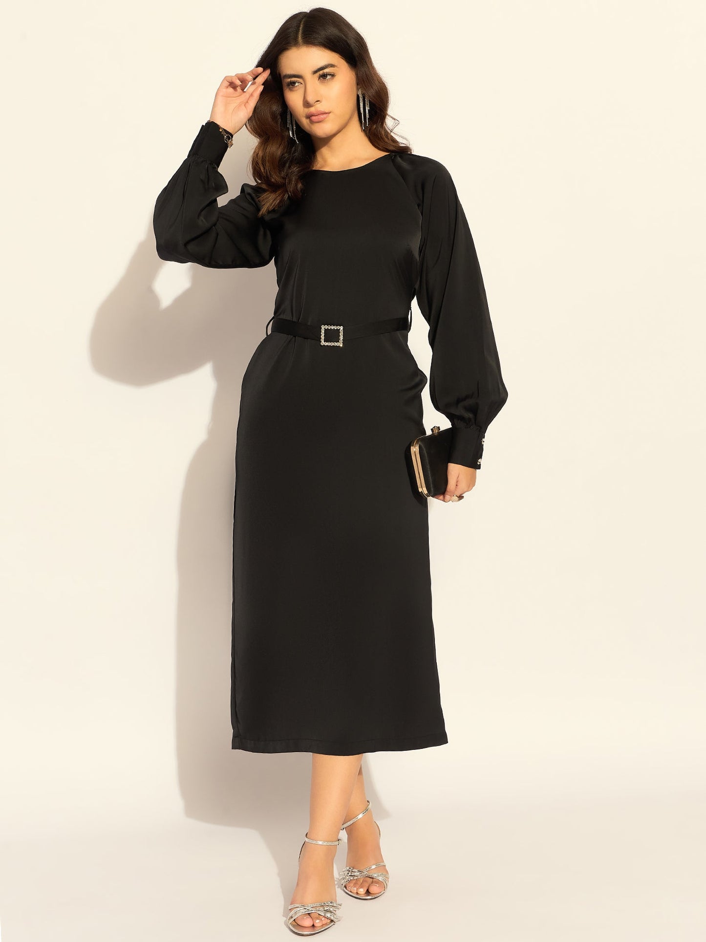 Chic Semi-Fitted Midi Dress With Gentle Puff Sleeves In Soft Satin Fabric