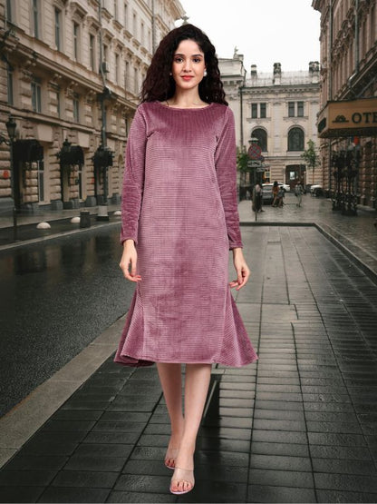 Powersutra Stretch Velvet Dusty Pink Fish-Cut Midi Dress With Full Sleeves