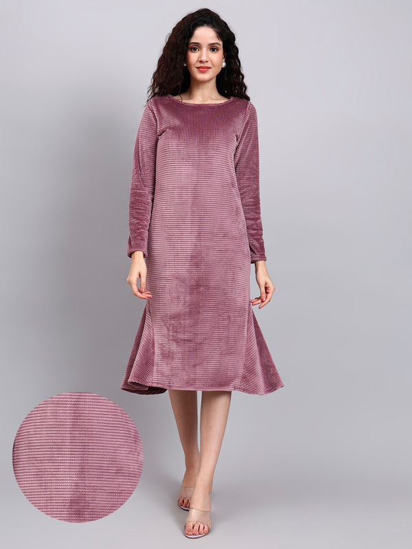 Powersutra Stretch Velvet Dusty Pink Fish-Cut Midi Dress With Full Sleeves