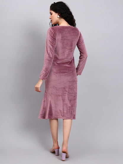 Powersutra Stretch Velvet Dusty Pink Fish-Cut Midi Dress With Full Sleeves