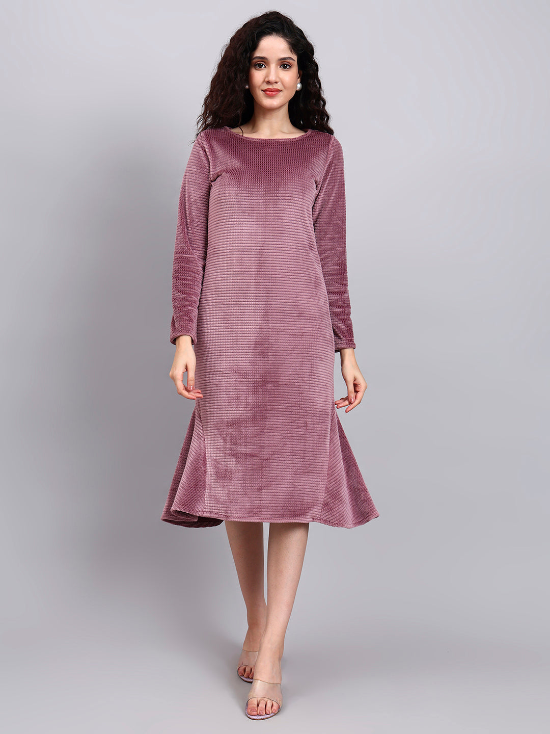 Powersutra Stretch Velvet Dusty Pink Fish-Cut Midi Dress With Full Sleeves