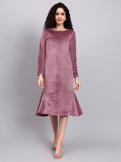 Powersutra Stretch Velvet Dusty Pink Fish-Cut Midi Dress With Full Sleeves