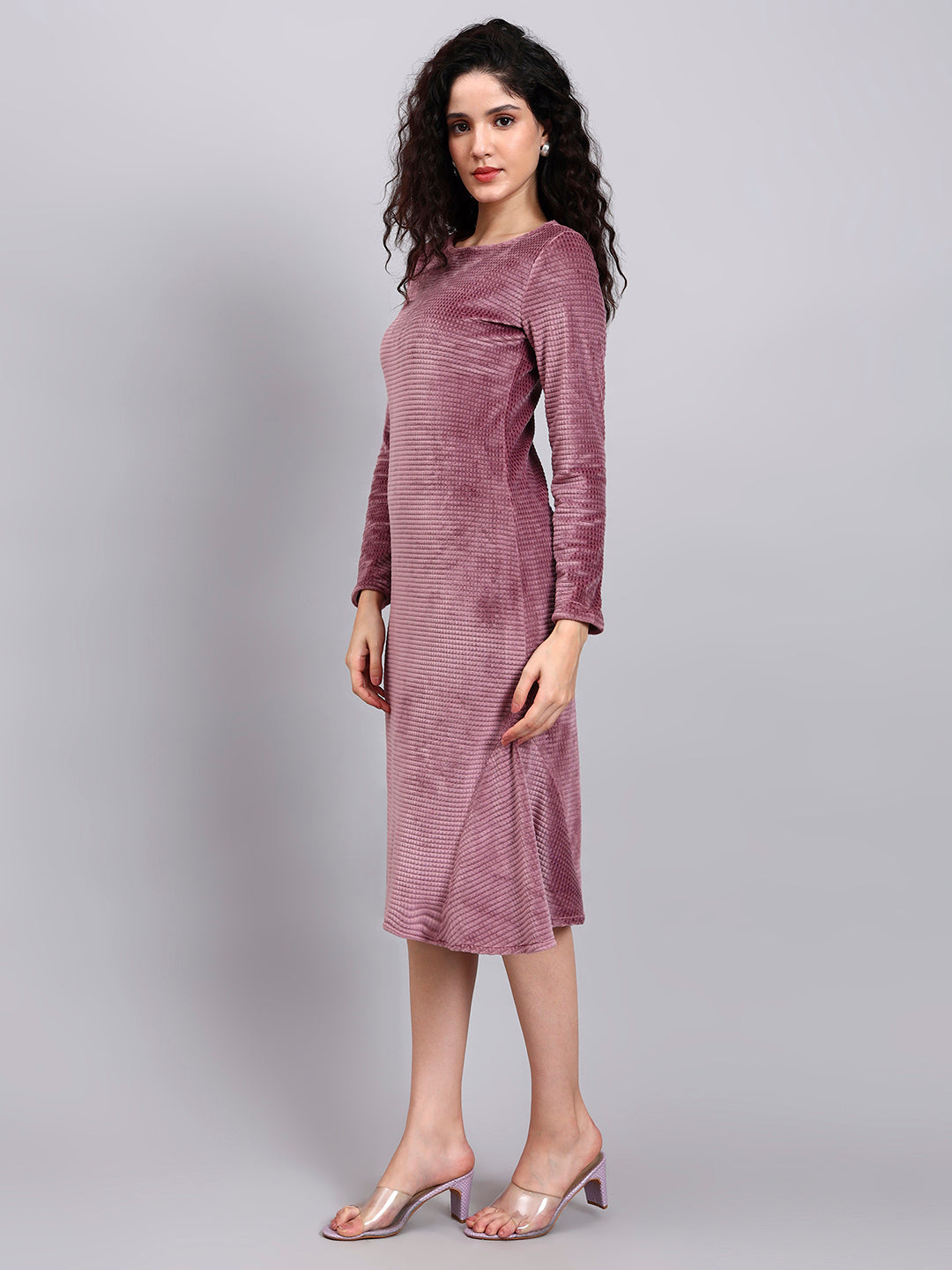 Powersutra Stretch Velvet Dusty Pink Fish-Cut Midi Dress With Full Sleeves