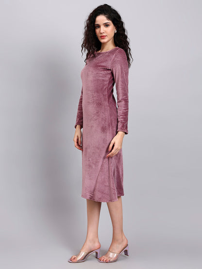 Powersutra Stretch Velvet Dusty Pink Fish-Cut Midi Dress With Full Sleeves