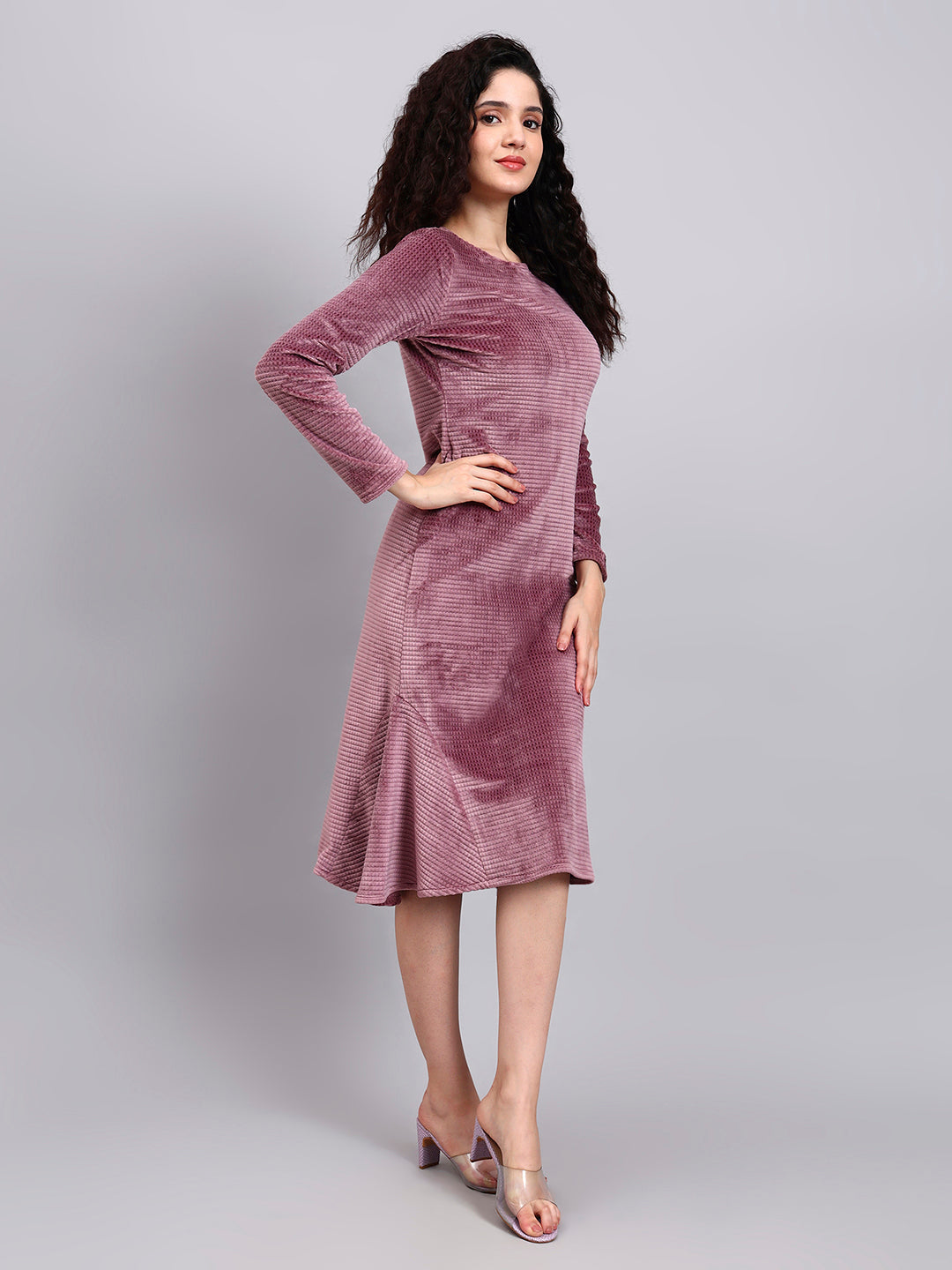 Powersutra Stretch Velvet Dusty Pink Fish-Cut Midi Dress With Full Sleeves