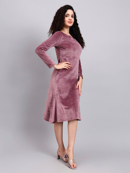 Powersutra Stretch Velvet Dusty Pink Fish-Cut Midi Dress With Full Sleeves