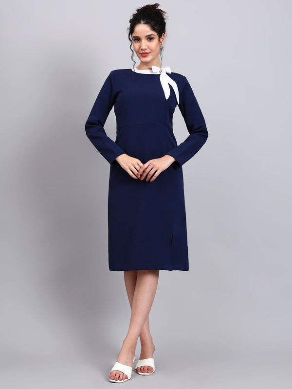 Powersutra Elegant Navy Blue Dress With White Tie And Comfort Fit