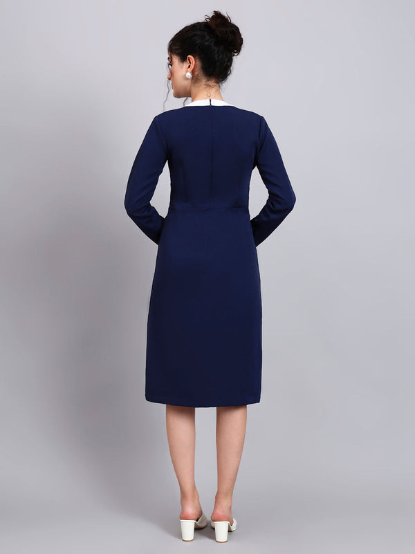 Powersutra Elegant Navy Blue Dress With White Tie And Comfort Fit