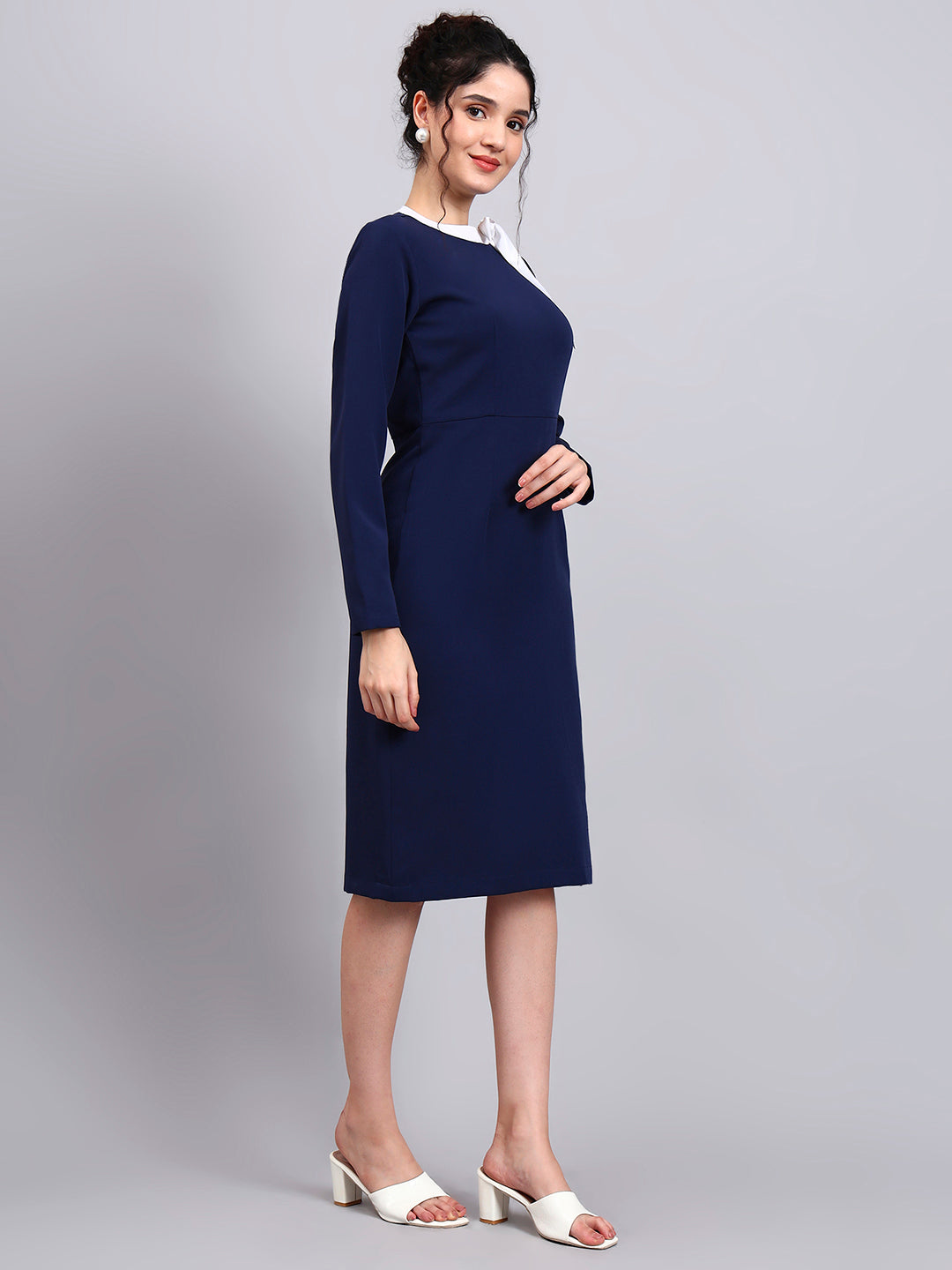 Powersutra Elegant Navy Blue Dress With White Tie And Comfort Fit